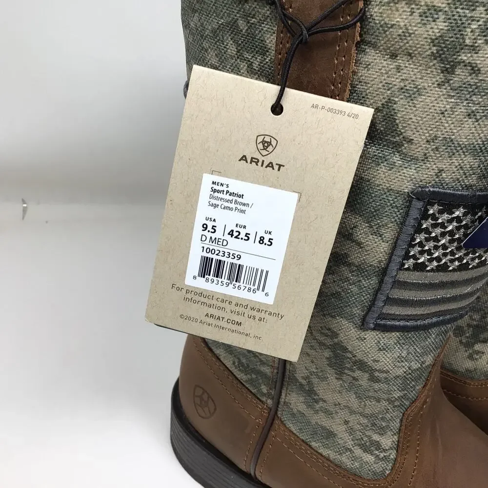 Ariat Mens Sport Patriot Western Boot Size 9.5 Distressed Brown Camo Gently Used